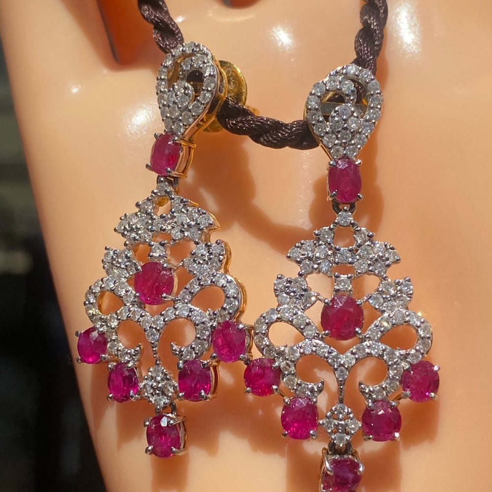 Natural Burmese Ruby and Diamond Earrings in 18 k solid gold